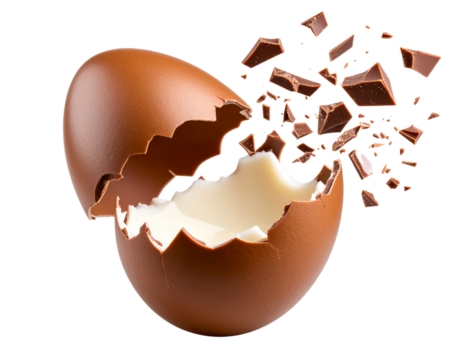 Broken Chocolate Egg with Floating Shards and Creamy Filling, Side Perspective - Powered by Adobe