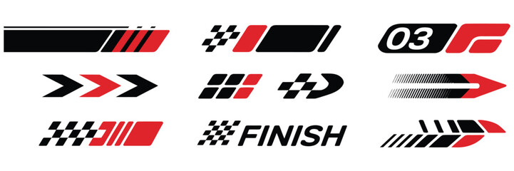 Race car stripes and automotive decal vector pack including checkered flags, sport graphics, dynamic lines, and tuning stickers ideal for racing, motorsport branding, and car design