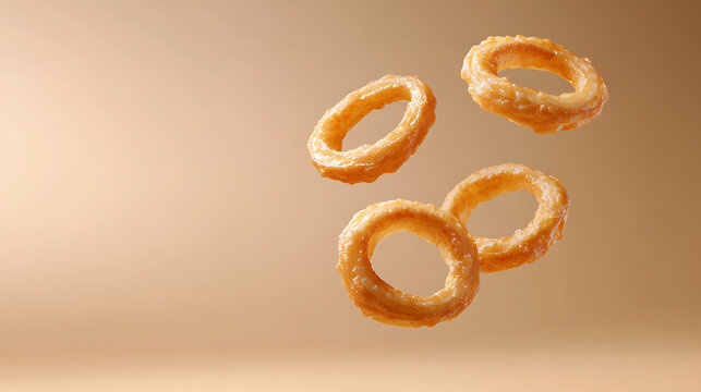 A trio of golden onion rings levitates against a soft tan backdrop, catching light with their glistening surfaces. Crispy perfection in every bite, suspended in culinary anticipation. - Powered by Adobe