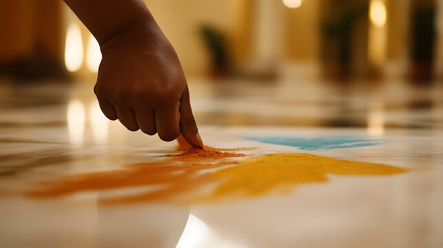 Person delicately creating colorful patterns with their finger and dry pigments on a reflective marble floor, showcasing artistry and tradition in a simple yet elegant act.