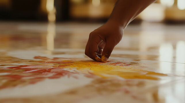 Person delicately creating colorful patterns with their finger and dry pigments on a reflective marble floor, showcasing artistry and tradition in a simple yet elegant act.