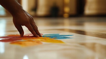Crafting vibrant art with colorful powders. A human hand gently guides the medium, creating intricate patterns on the pristine floor, celebrating art's beauty.
