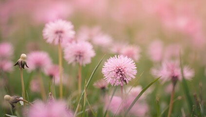 Pink Hues on a Blurred Meadow. A Delicate Floral Dreamscape, Soft Light and Gentle Texture.