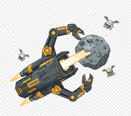 Futuristic robotic space miner with powerful mechanical arms extracting resources from an asteroid, assisted by small drones in the cosmic environment