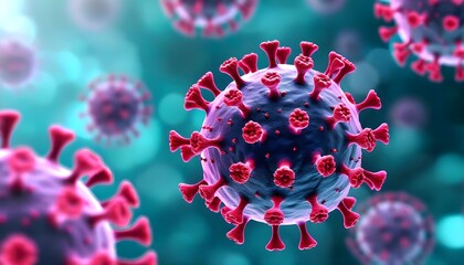 A microscopic view of the SARS-CoV-2 virus, the pathogen responsible for the COVID-19 pandemic, showing its characteristic spike proteins.