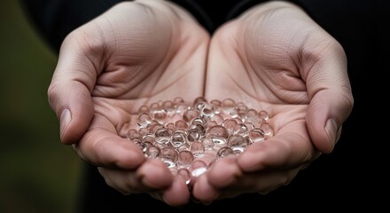 Close-up of two hands cupped together holding small pink gemstones against a dark background with shallow depth of field.