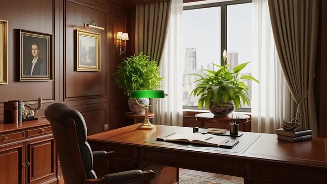 Elegant Home Office with Classic Wood Paneling and Natural Light from City View