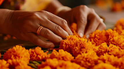 Crafting vibrant flower garlands. Delicate hands carefully arrange orange blossoms. A golden ring gleams, symbolizing tradition and beauty. A timeless practice unfolds.