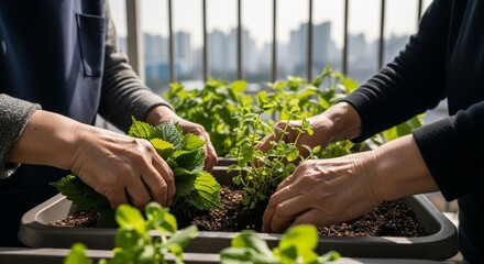 Fototapeta premium Multiple hands nurturing young green seedlings in indoor planting trays near bright window with urban cityscape background showing collaborative sustainable gardening