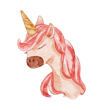 Watercolor elegant unicorn close-up with pink mane. Suitable for nursery decoration, kids wall art, and invitations.