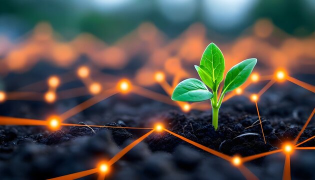 A young green sprout emerges from dark soil, illuminated by glowing orange nodes and connecting lines, symbolizing growth and interconnectedness.