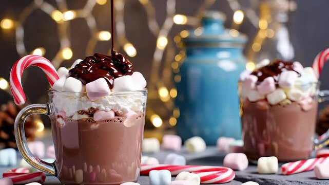 Close up of hot chocolate with marshmallows, candy cane, and chocolate syrup drizzle shot
