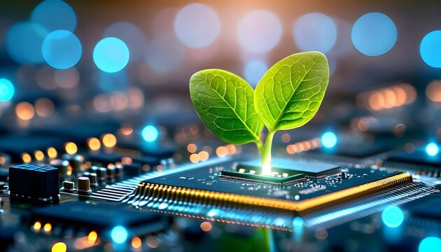 A vibrant image showcasing a plant sprouting from a computer circuit board, symbolizing technological growth.