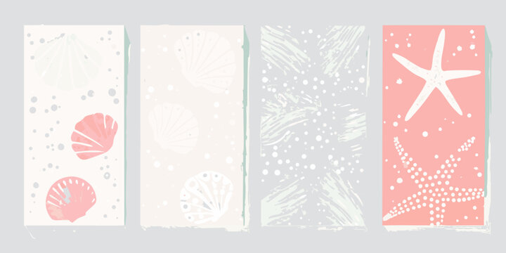 Set of four abstract beach themed vertical cards with seashells and starfish illustrations in pastel colors