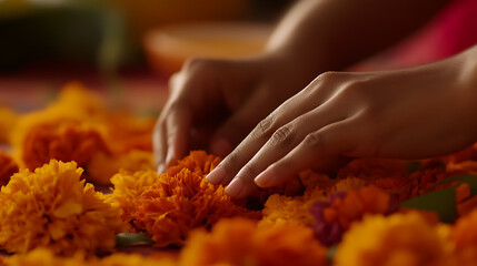 Crafting beauty, hands arrange marigolds. A close-up showcases the dedication to culture and celebration. Feel the warmth and connection in this vibrant scene.