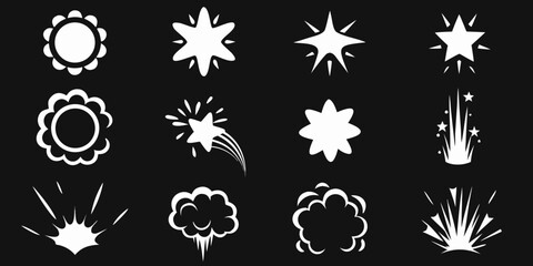 Collection of white comic book style explosions stars and sparkle effects on black background