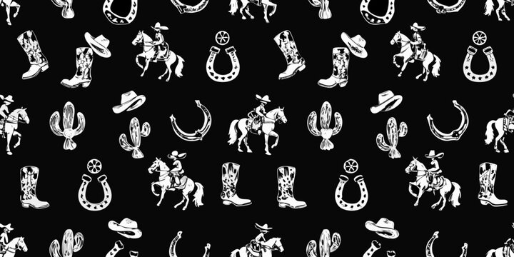 Whimsical white cowboy and western icons pattern on black background for design