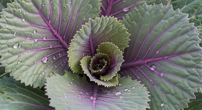 Ornamental purple kale cabbage leaf closeup with water droplets showing detailed serrated edges and vibrant magenta veins in spiral pattern