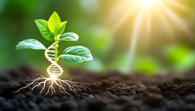 A young plant sprouts from the soil, its stem morphing into a glowing DNA helix, symbolizing the genetic basis of life and growth.