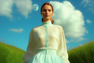 Fashion editorial of a woman in pleated mint and ivory dress standing under bright blue sky. Conceptual styling with moon and clouds in dreamy natural setting.