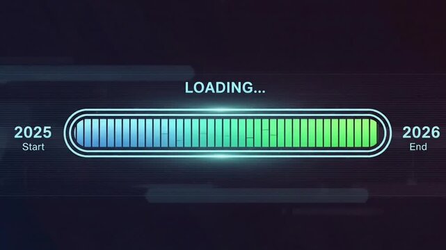 Minimalist vector illustration of a progress bar loading screen showing the process of time passing from the start of 2025 to the end of 2026 for a Happy New Year Eve Merry Christmas celebration conce