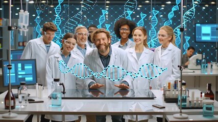 Scientific team collaborating near holographic DNA display, analyzing genetic data with advanced technology in high tech research environment - Powered by Adobe