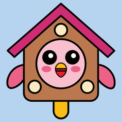 Illustration of a cute birdhouse with a pink roof and a bird face inside on a light blue background