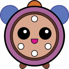 Illustration of a cute cartoon alarm clock with a smiling face and colorful details on white background