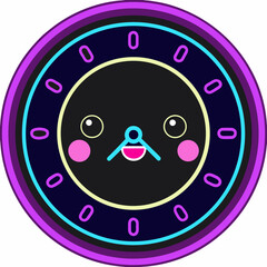 A whimsical clock face with a kawaii expression and vibrant purple and cyan concentric circles border