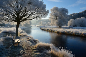 Winter Frost on the Riverbank: Tranquil Morning by Frosted Trees and a Quiet Bench