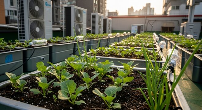 Urban rooftop hydroponic vegetable garden with leafy greens growing in raised bed containers surrounded by air conditioning units on city building terrace