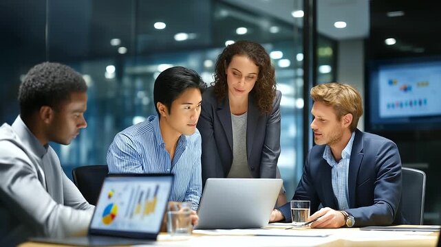 In a bustling corporate office, diverse team members collaborate around a sleek conference table, laptops open, charts projected, intense discussions, photorealistic candid shot by