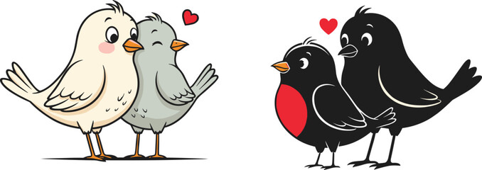 Cute cartoon love birds couple illustration, black and white romantic bird pair with red heart, adorable animal vector art