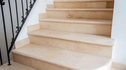 Elegant interior stairway featuring light stone steps and a decorative black iron railing. A minimalist design element enhances the architectural space, inviting ascent.