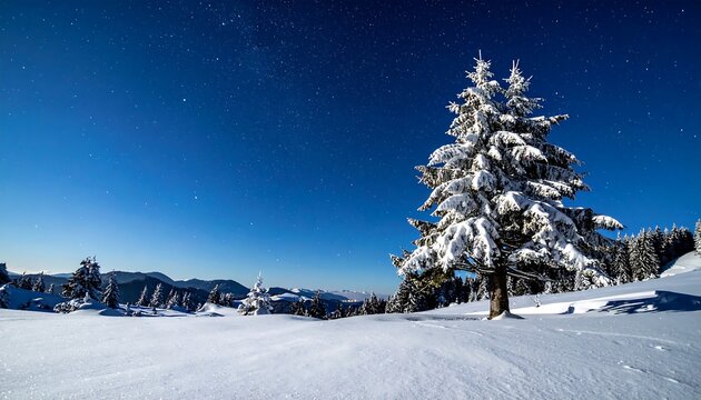 Snow-covered pine tree against a clear blue winter sky.