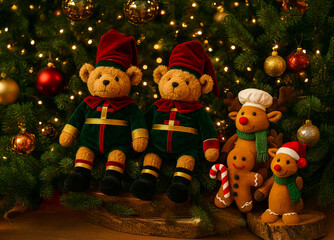 Cozy Christmas scene with plush bears, reindeer, and gingerbread toy under a decorated tree. Warm lights and golden ornaments create a magical festive mood.