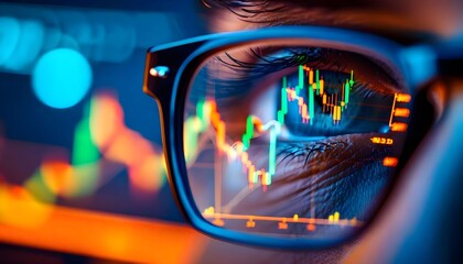 Close-up of a person's eye reflected in glasses, showing a stock market graph with fluctuating lines.