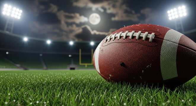 A football sits on the grass of a stadium under the bright lights and a full moon, creating a dramatic and exciting scene for sports enthusiasts and fans alike