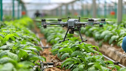 Farmer controlling drone for tracking plant health, navigating greenhouse rows, monitoring crop growth with precision agricultural technology - Powered by Adobe