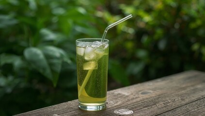 Refreshing Beverage on Rustic Wood. A Glass of Ice and Green Liquid Delight.