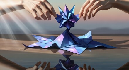 Digital illustration of a person's hands creating an origami bird on a reflective surface with a serene background.