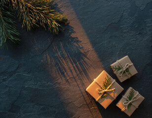 Rustic charm meets modern elegance: Three wrapped gifts adorned with evergreen sprigs, conveying warmth and thoughtfulness for heartfelt holidays and meaningful occasions
