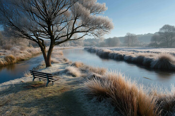 Winter Frost on the Riverbank: Tranquil Morning by Frosted Trees and a Quiet Bench