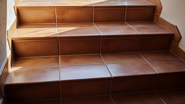Warm terracotta tile stairs, bathed in natural sunlight, create an inviting architectural detail. The clean lines & earthy tones add a touch of sophistication to any space. #TileStairs