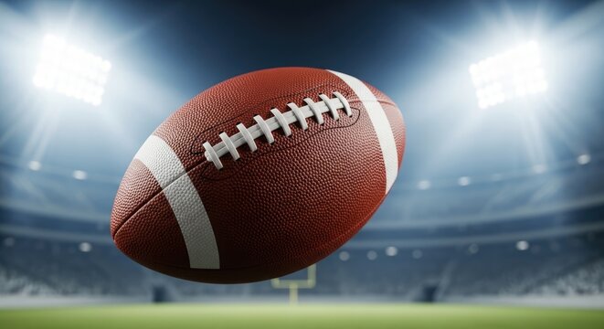 A closeup of a football in midair, with a stadium and bright lights in the background, creating a dynamic and energetic scene perfect for sportsrelated content