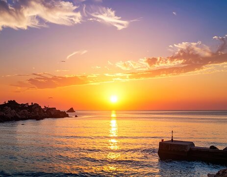 Beautiful sunset over the calm sea. A pier and land in the distance
