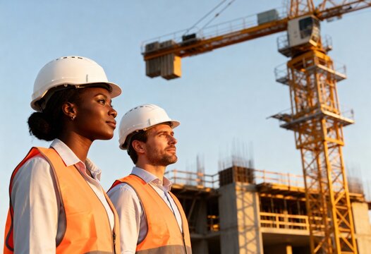 Diverse team of engineers on a construction site. Professional man and woman in hard hats observing a building project with a crane in the background