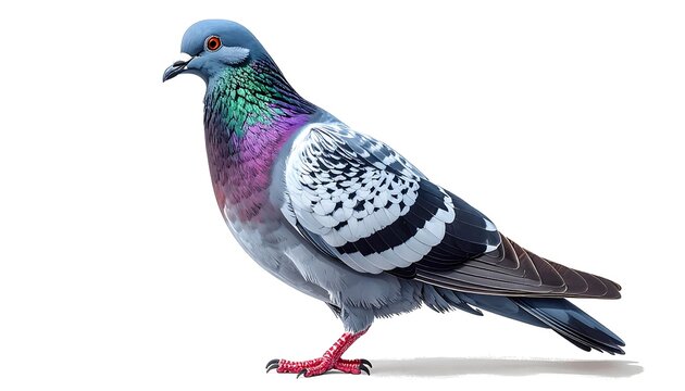Detailed portrait of a colorful pigeon standing on white background.