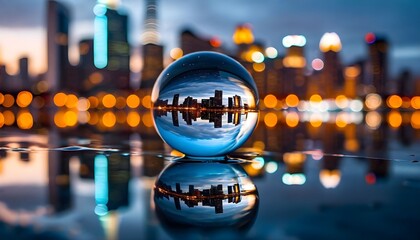A crystal ball reflects a city skyline at dusk, with bokeh lights creating a magical atmosphere.