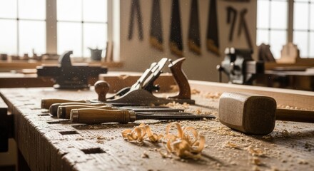 Closeup of a woodworking bench with hand tools, including a plane, chisels, and a mallet, surrounded by wood shavings in a workshop with natural light streaming in